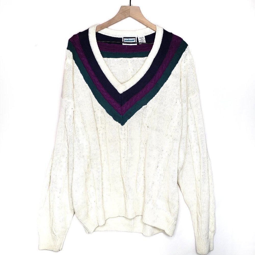 Vintage Cable Knit V-neck Preppy Oversized Grandpa Sweater L Tunic Ivory Unisex